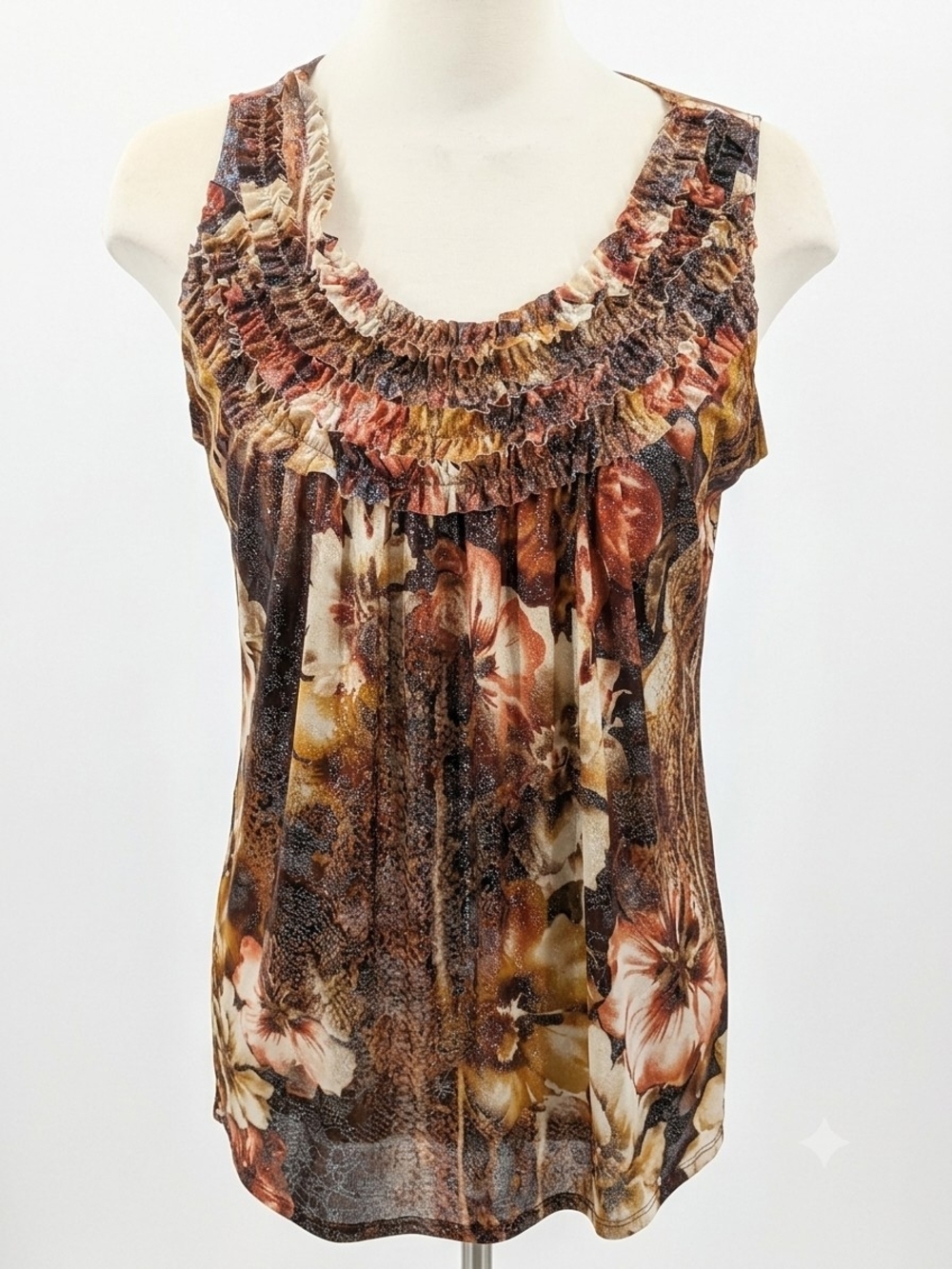 dressbarn Brown Floral Ruffle Neck Tank Top